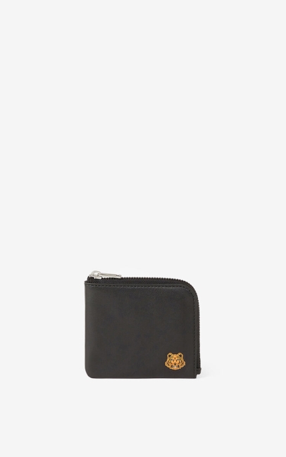 Kenzo Men Tiger Crest Small Zipped Leather Wallet Black